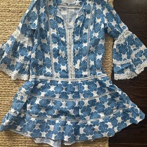 Asha Blue Floral Lace-Trim Mini Dress